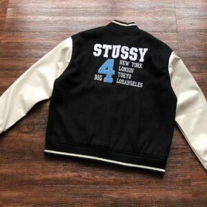 VINTAGE STUSSY BIG 4 LEDERWOLLE SCHWARZE JACKE